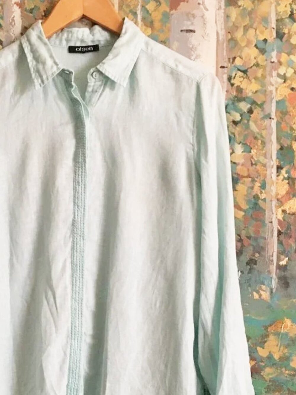 Olsen Europe Powder Blue Linen Hidden Button Embroidered Boho Shirt S